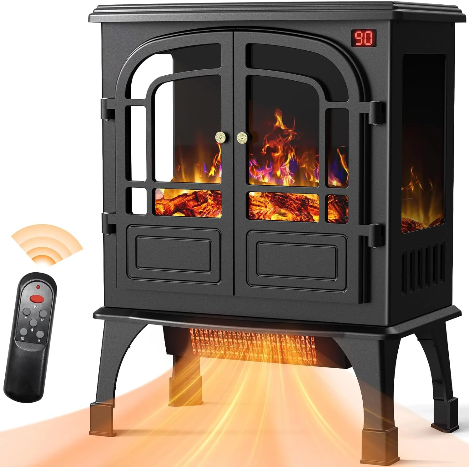24'' Electric Fireplace Heater, Fire Places Stove with Remote Control, 3D Realistic Flame, Overheating Safety Protection, Timer, 5 Flame Brightness, 2 Heating Mode 750/1500W for Home
