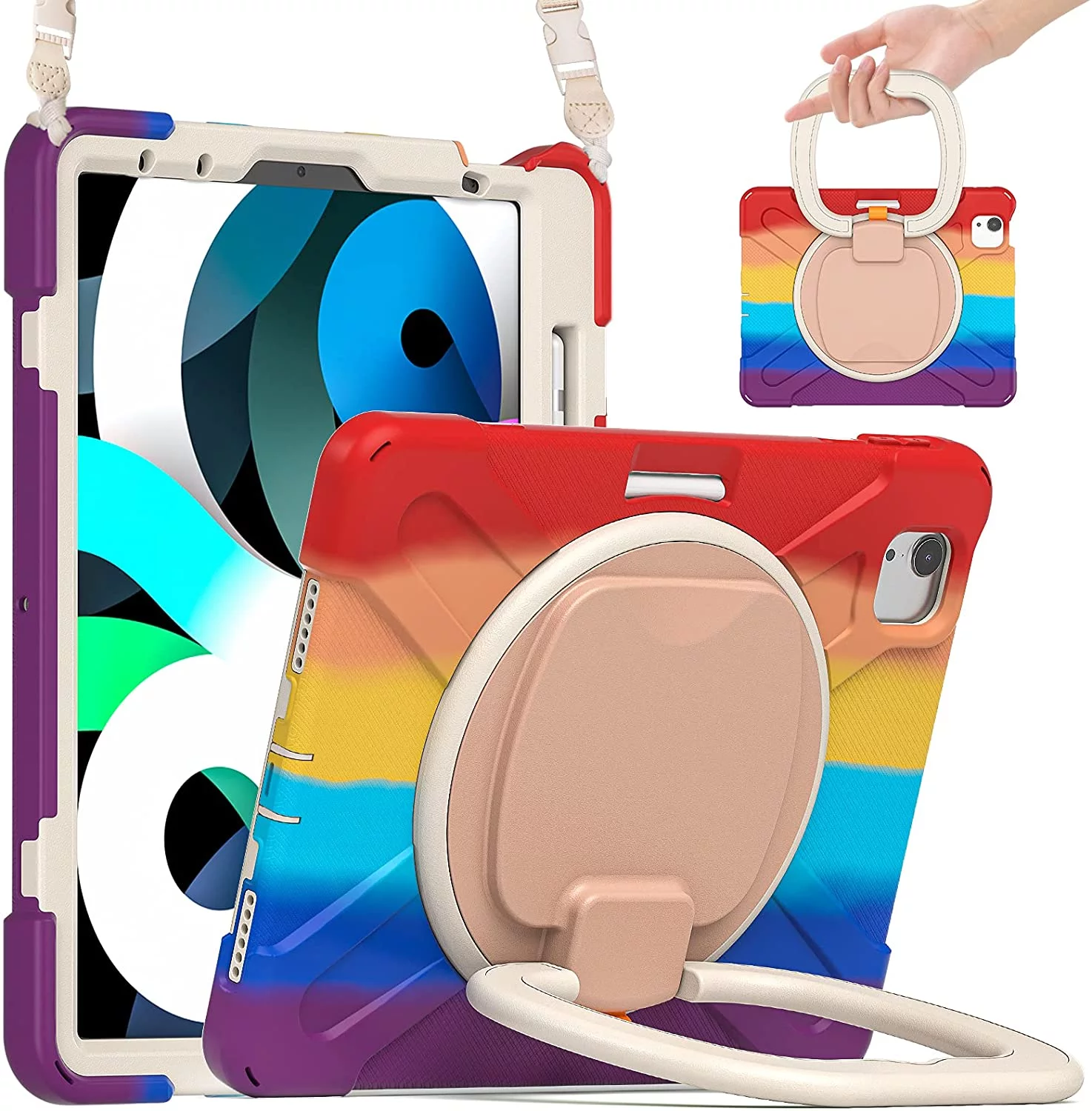 iPad Air4 2020/Air5 2022 Case iPad Pro11 case 4th/ 3rd / 2nd Generation 360°Rotatable Stand Shoulder Strap Pencil Holder Heavy Duty Shockproof Silicone Protective Case