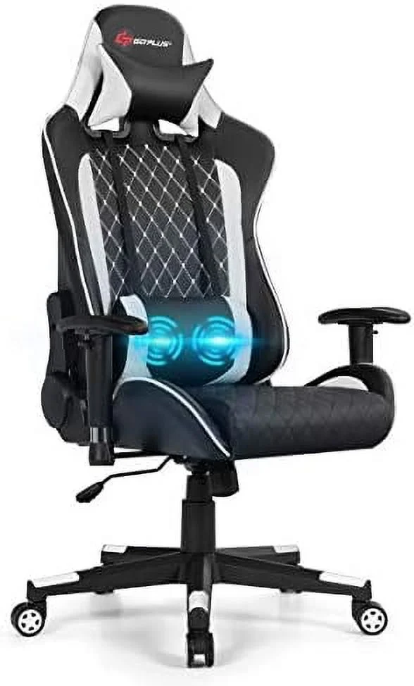 Gaming Chair  Gaming Recliner with Adjustable Armrest Massage Lumbar Pillow Wide Cushion Ergonomic Office Computer Chair for Adults  White