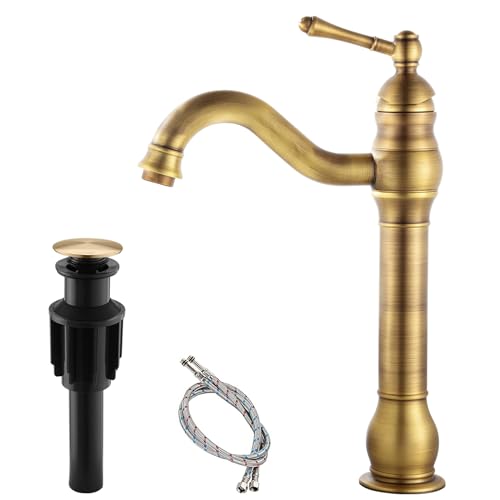 Single Hole Tall Bathroom Faucet Antique Brass Bathroom Vessel Sink Faucet, 360° Swivel Retro Vanity Faucet, Tall Spout Single Handle Lavatory Mixer Tap, Deck Mount