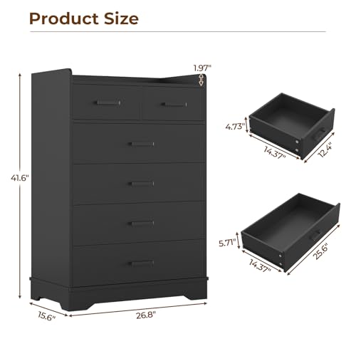 Hasuit Black 6 Drawer Dresser, Wooden Storage Chest of 6 Drawers, Vertical Large Capacity Clothing Storage Organizer, Tall Dressers for Bedroom, Hallway, Entryway