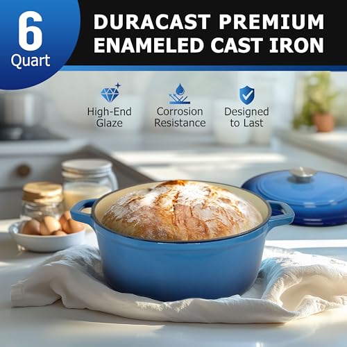 Mueller 6qt Enameled Cast Iron Dutch Oven, Heavy-Duty Casserole and Braiser Pan with Lid and Knob, Oven-Safe up to 500° F & Across All Cooktops, White