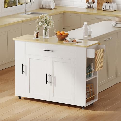 IRONCK Kitchen Island with Storage, 47.2in Rolling Island on Wheels, Kitchen Cart with Drop Leaf, Drawer and Towel Rack for Home, Dining Room