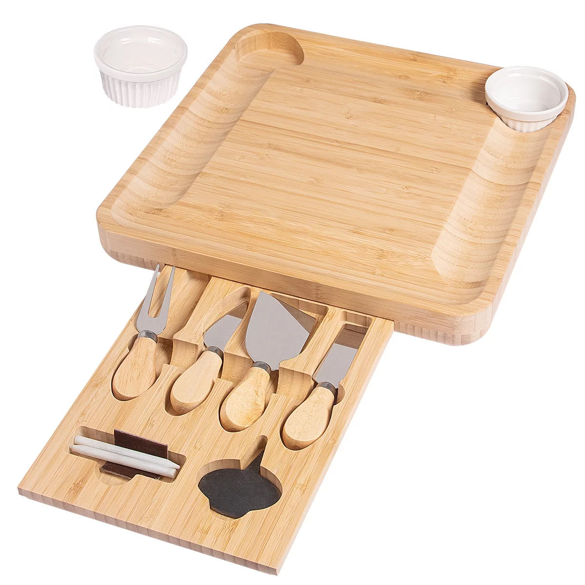 Cheese Board Gifts Set: Bamboo Large Charcuterie Boards, 4 Stainless Steel Cheese Knife & Serving Tray - Mothers Day Gift, Wedding Gifts, Housewarming Gift, Birthday Gifts