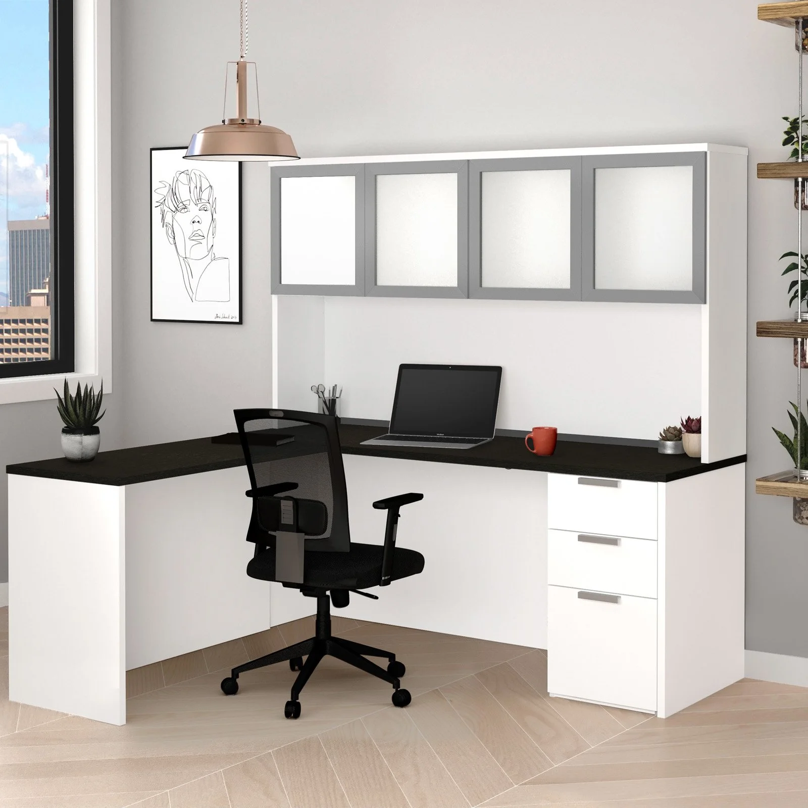 Bestar Pro Concept Plus L Desk with 4 Door Hutch in Deep Gray and Black