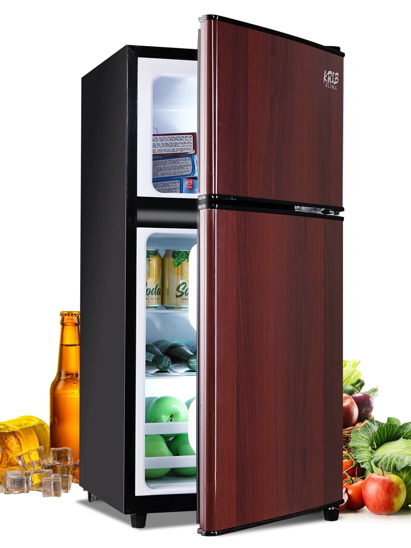 KRIB BLING 3.5 Cu.ft Mini Fridge with 7 Level Thermostat, Compact Refrigerator with Freezer on Top, Ideal for Dorm, Office, Brownwood
