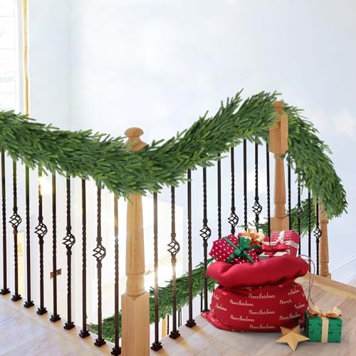 9Ft Christmas Garland for Staircase Railing Soft Bendable Real Touch Artificial Faux Evergreen Cedar Pine Mantle Garland for Fireplace Porch Table Home Yard Christmas Indoor Outdoor Decor(Real Pine)
