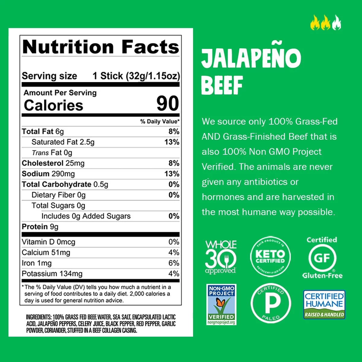 Chomps Beef Jerky Sticks, Jalapeno Beef, High Protein, Gluten Free, Sugar Free, Whole 30 Approved, 10ct 1.15oz