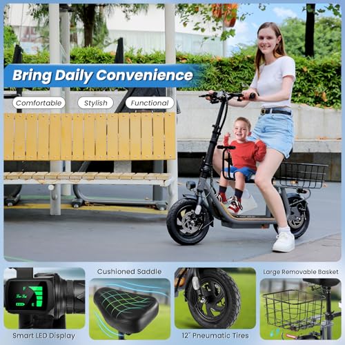 Caroma Peak 500W/800W/1200W Electric Scooter with Seat, 30 Miles Max Range Electric Scooter Adults&Teens, 48V Large Battery, 20MPH Top Speed Foldable Ebike, Adjustable E-Bike with Basket&Kid Seat