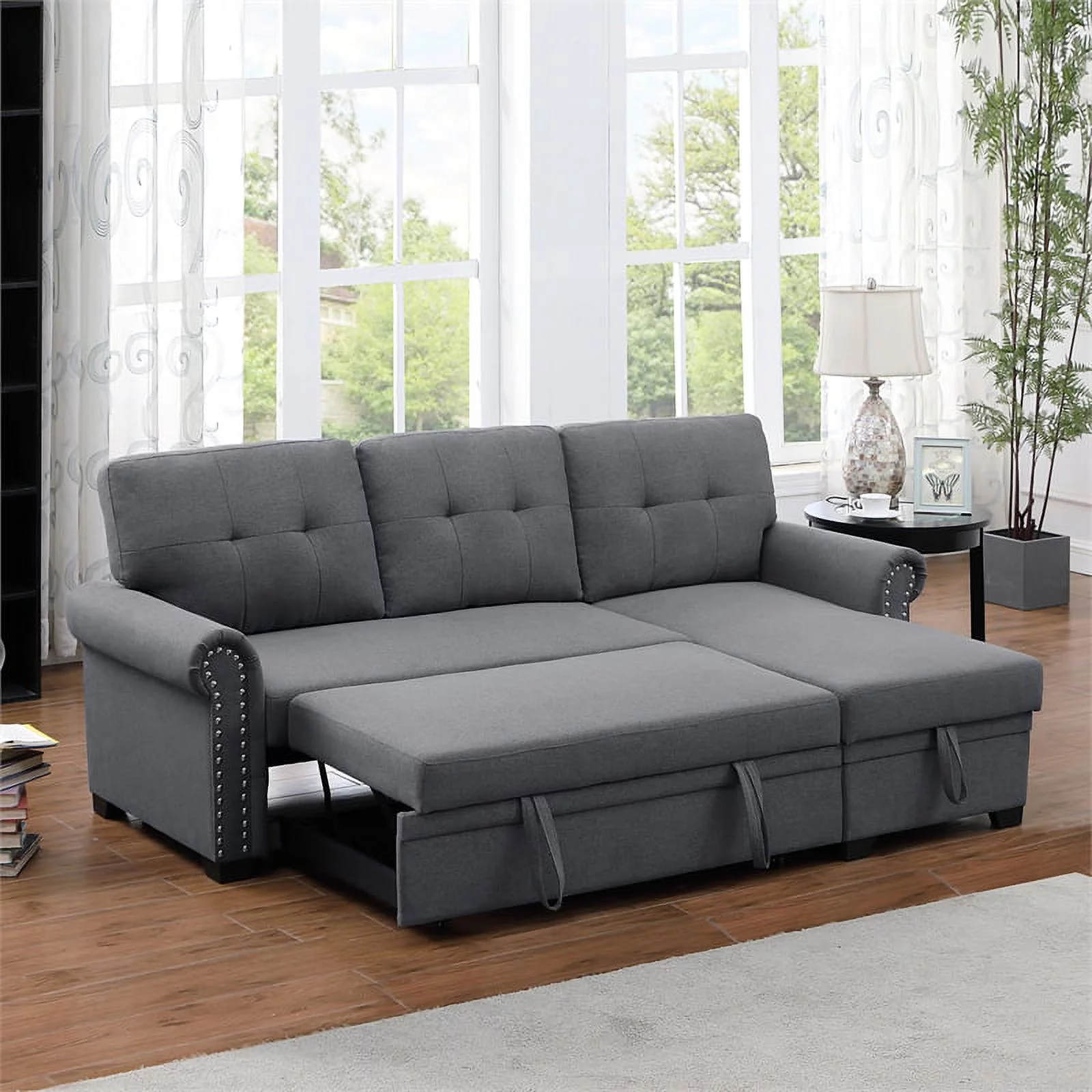 Pemberly Row Reversible Fabric Sleeper Sofa with Storage Chaise in Dark Gray