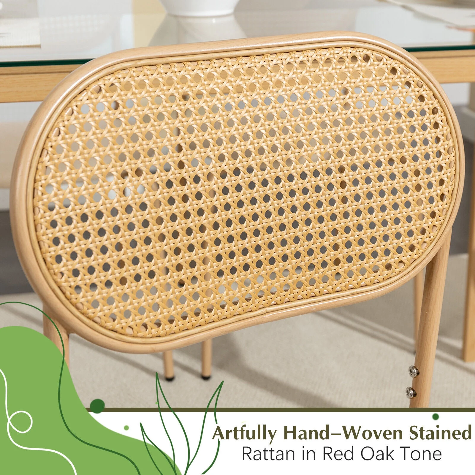 COSVALVE Set of 4 Boho Dining Chairs with Rattan Back, Upholstered Cane, Metal Legs