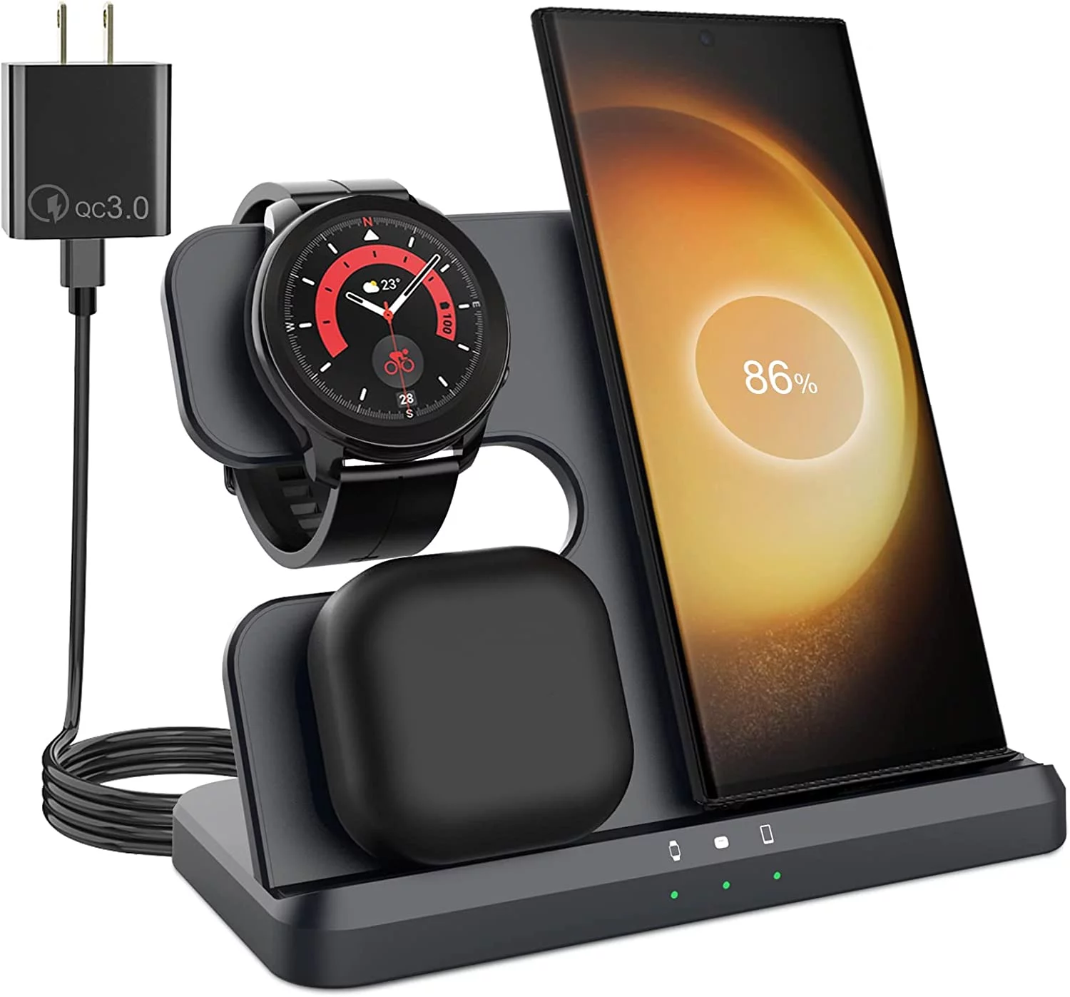 3 in 1 Wireless Charger for Samsung, Samsung S23 Ultra Charger for S22 Ultra/S23 /S23+/Z Fold 4/Flip 4/S22, Galaxy Watch 5/5 Pro/4 Charger，Wireless Charging Station for Galaxy Buds Black
