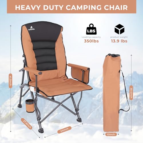 Camping Chairs for Adults, Adjustable Backrest Heavy Duty Oversized Folding Camping Chair Supports 350lbs for Outside with Cup Holder&Side Pocket, Outdoor Folding Camp Chair with High Back (Brown)