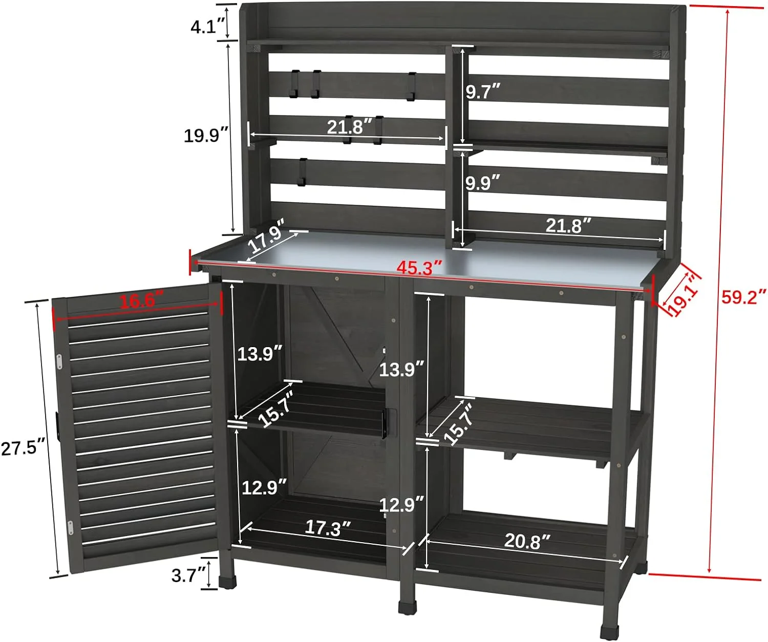 YOJFOTOOU. Potting Bench Table Large Garden Outdoor Work Bench Metal Tabletop Workstation with Storage Cabinet Shelf Dark Grey