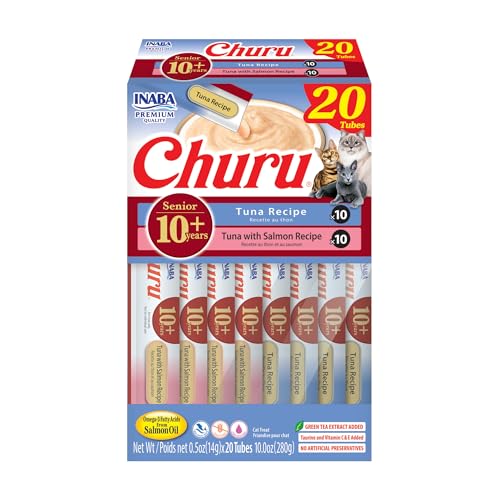 INABA Churu for Senior 10+, Creamy Lickable Cat Treats with Taurine, Vitamin E & C, 0.5 Ounces Each, 40 Tubes, Tuna & Chicken Variety