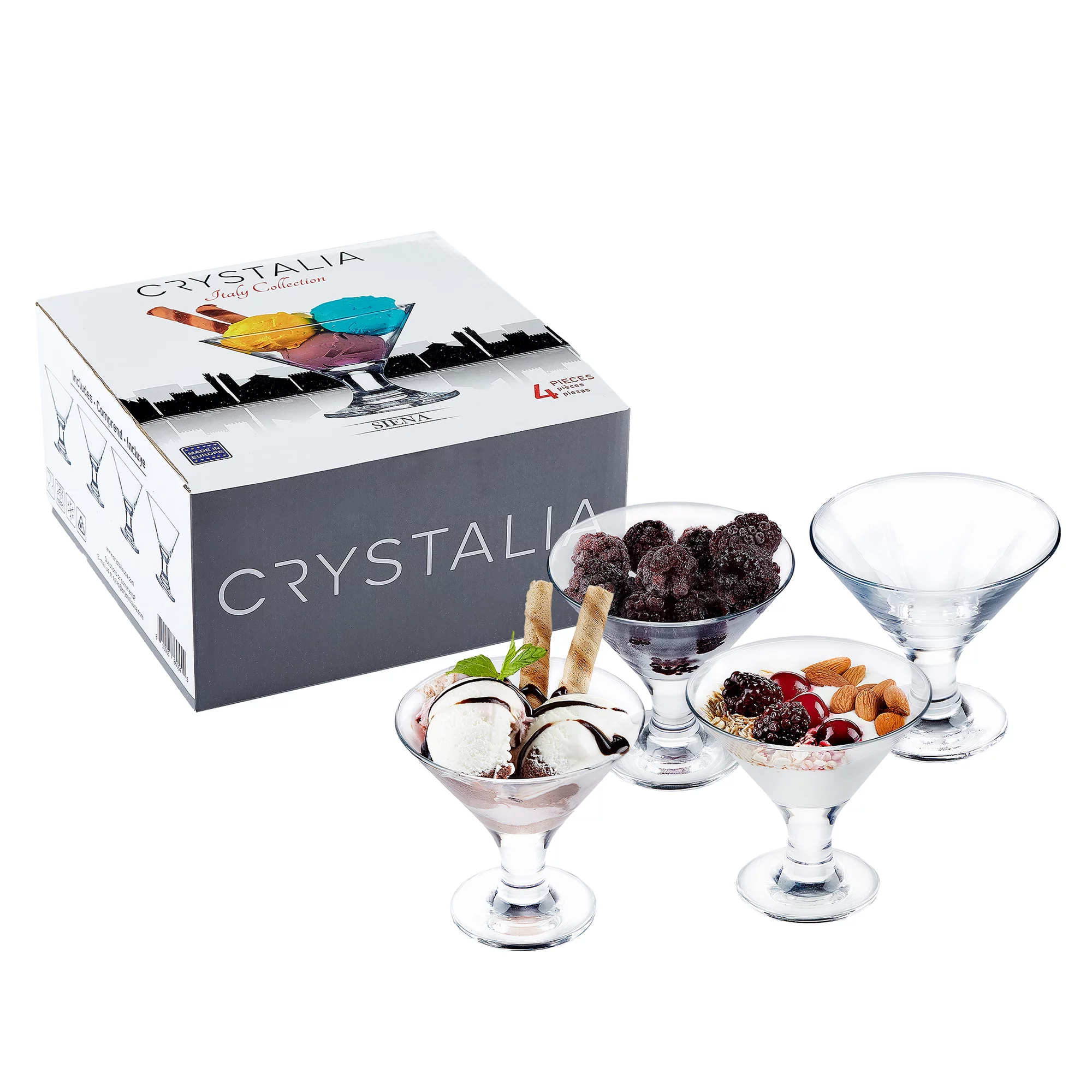 Crystalia Home Small Clear Glass Bowl Set, Dessert, Pudding, Ice Cream, Fruit Serving Cups, Set of 4, 6.25 oz