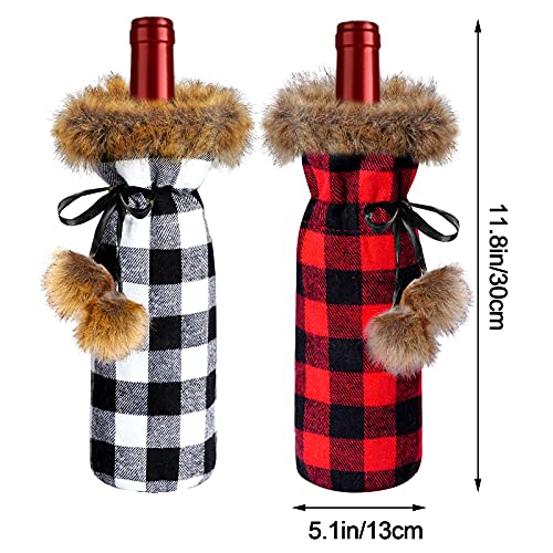 6 Pack Christmas Buffalo Plaid Wine Bottle Cover Plaid Sweater Wine Bottle Holder Faux Fur Wine Bottle Pouch Bags for Xmas Dinner Party Decorations (Red, Gray)
