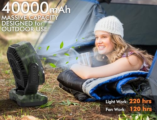 20000mAh Rechargeable Camping Fan - Battery Operated Fan with Light & Remote, Auto Oscillating, 4 Timer, 60 Hrs Work Cordless Tent Fan for Travel Outdoor RV Garage Power Outage Emergency