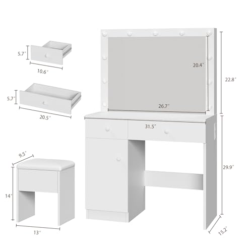 Haewon Vanity Desk with Mirror and Lights, White Makeup Vanity with Power Outlet and 3 Color Light Modes, Dressing Table Set with Drawers Cabinet and Storage Chair for Bedroom