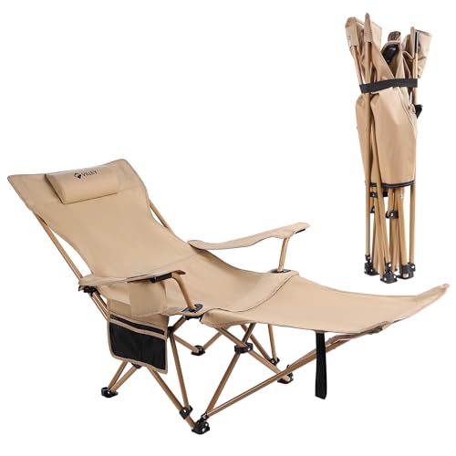 VILLEY Reclining Camping Lounge Chair Adjustable Foldable Chair for Adults with Removable Footrest, Headrest & Storage Bag Supports Up to 330 LBS Beige