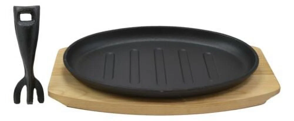 Enameled Cast Iron Fajita Skillet Japanese Steak Ridged Plate & Base Set 10.5"L