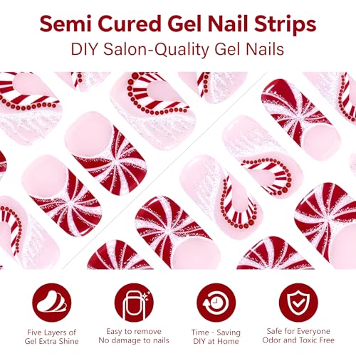 Semi Cured Gel Nail Strips-Easy Apply Christmas Gel Nail Stickers Holiday Semi Cured Manicure Strips with Sparkling Xmas Designs (Classic Yule)