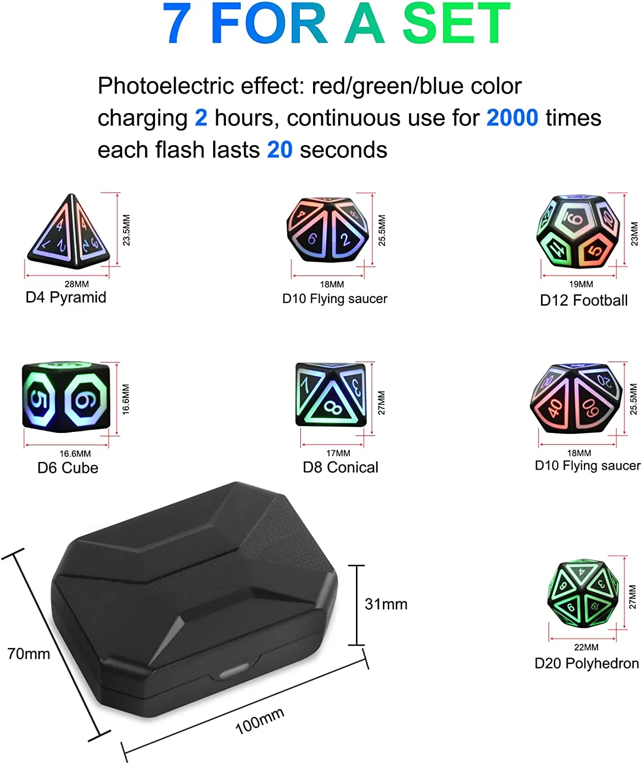 7x LED Glow DND Dice Set Boxed Rechargeable For Game Toys with Charging Case Gift