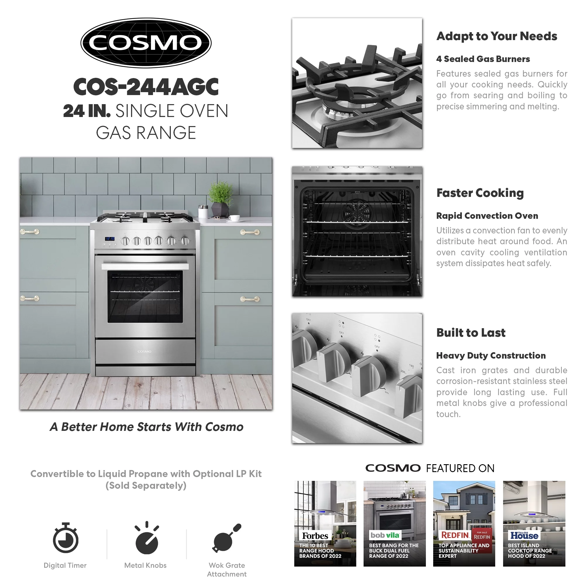 Cosmo 2.73 cu. ft. Single Oven Gas Range Kitchen Stove with 4 Burner Cooktop, Heavy Duty Cast Iron Grates in Stainless Steel