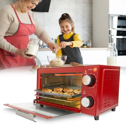 Aiwa 4-Slice Countertop Toaster Oven with Baking Tray, Bake Toast Cook and Broil, Temperature Control, 60 Minute Timer Knob, Automatic Shutoff, Baking Tray and Crumb Tray Included, Red