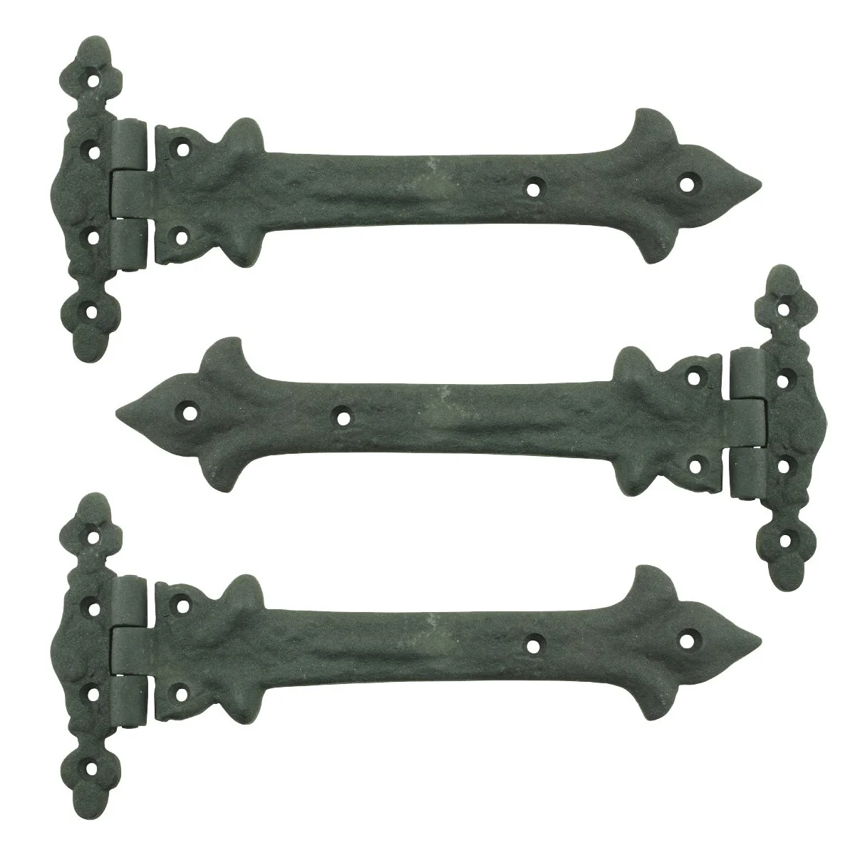Renovators Supply Black Wrought Iron Strap Hinge 9 in Southern Charm Style Spear Tip Flush Mount Heavy Duty Strap Gate and Door Hinges w/Hardware Pack of 3