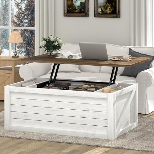 Farmhouse Coffee Table Lift Top with Storage for Living Room, White Coffee Table with Large Hidden Storage Compartment, 48 Inch White Center Table with Sliding Barn Doors