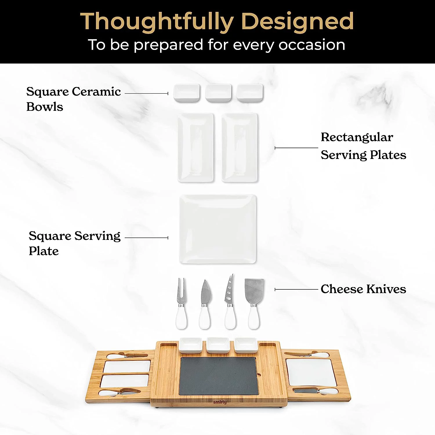 SMIRLY Bamboo Cheese Board and Knife Set: Extra Large Charcuterie Board Set & Accessories, Unique House Warming Gifts, New Home, Anniversary Wedding Gifts for Couple, Bridal Shower Gift for Women