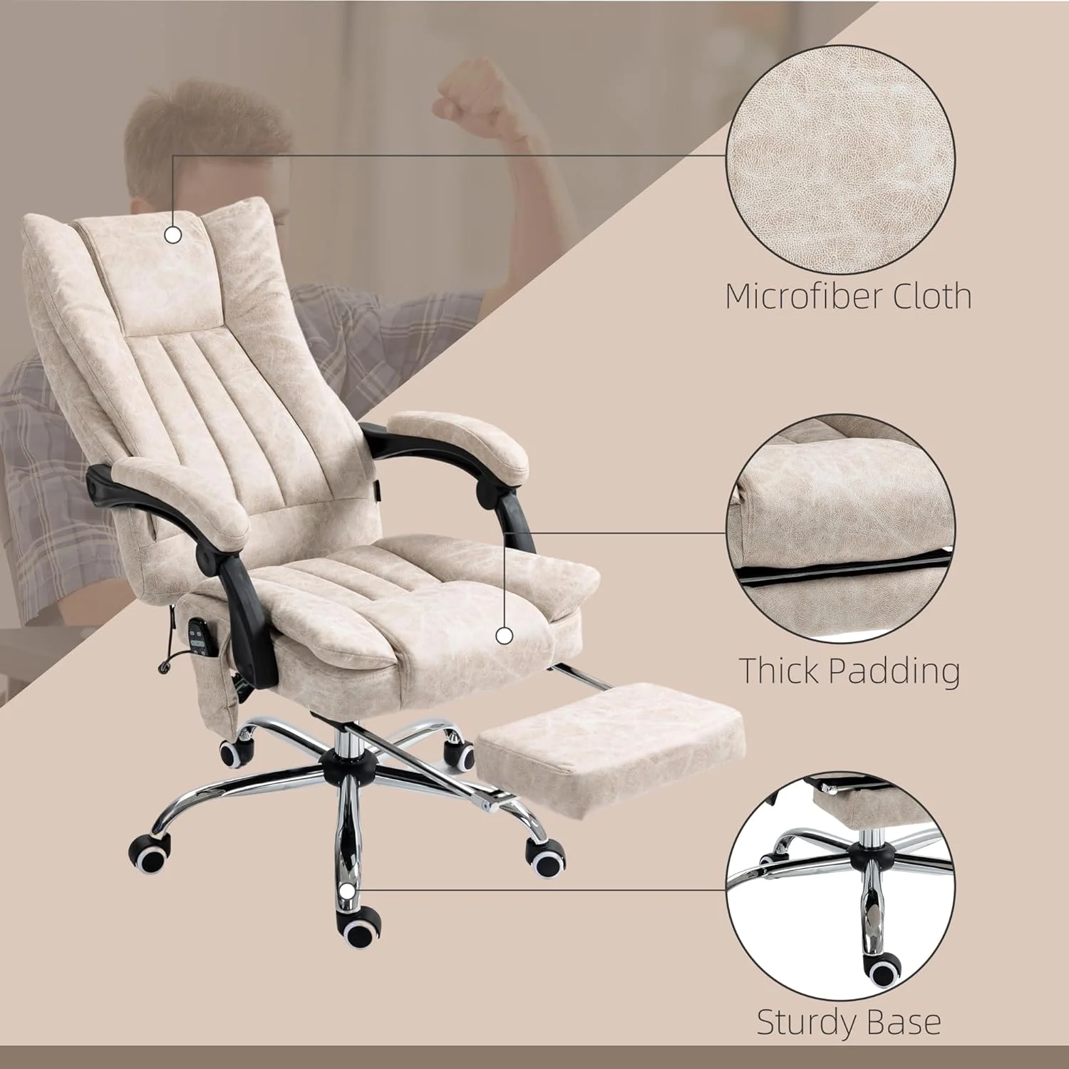 Microfiber Office Chair, High Back Computer Chair With 6 Point Massage, Heat, Adjustable Height And Retractable Footrest, Cream White