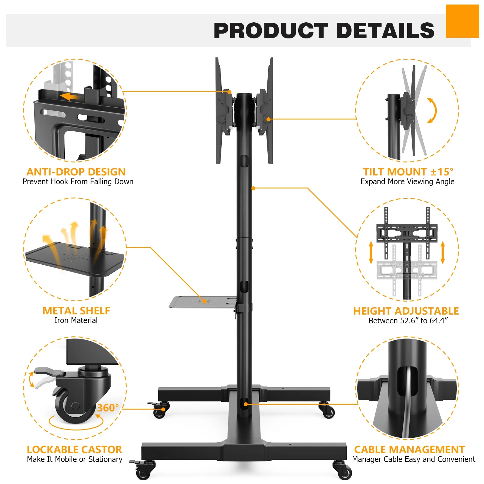 Modern Black Dual Mobile TV Stand Wheels for 32 to 55 inch Flat TVs Floor Trolley Cart