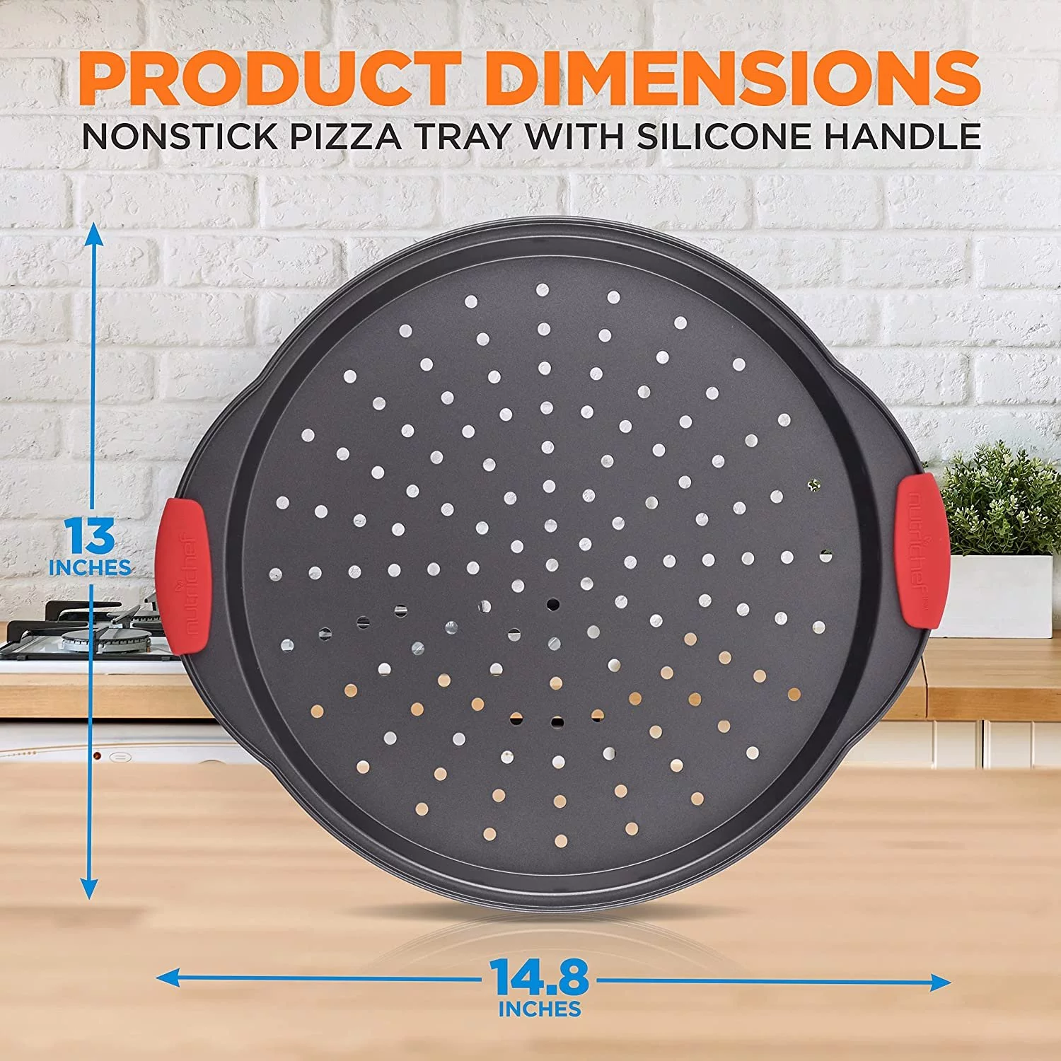 Non-Stick Pizza Tray - with Silicone Handle, Round Steel Non-stick Pan with Perforated Holes, Premium Bakeware, Pizza Tray with Silicone and Oversized Handle, Dishwasher Safe - NutriChef NCBPIZ1