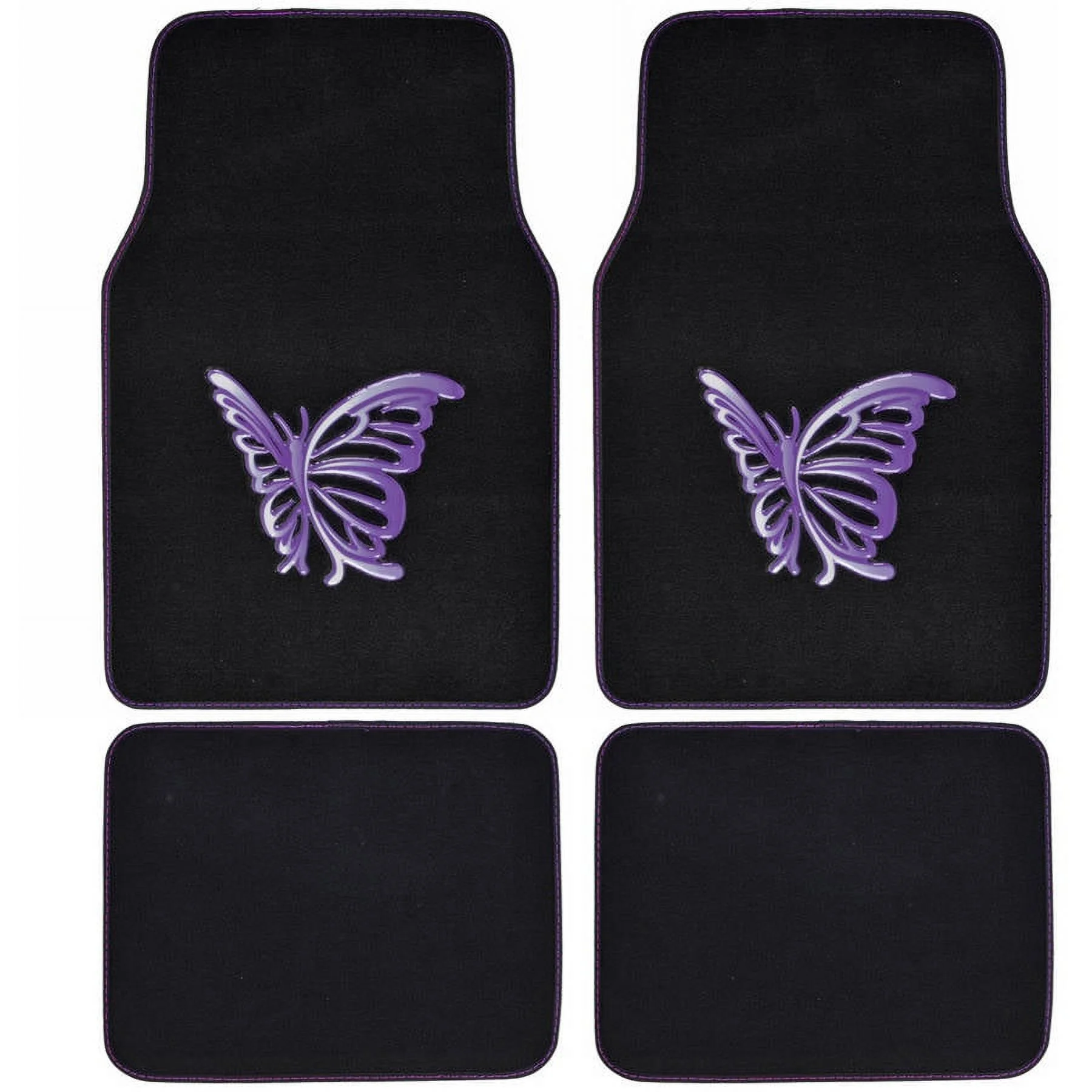 BDK Purple White Butterfly Design Carpet Car Floor Mats Front & Rear Full Set with Rubber Backing