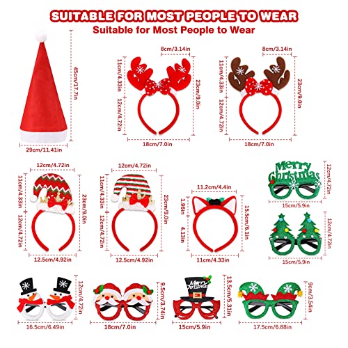 52 Pcs Christmas Photo Booth Props Kit, 20Pcs Glitter Eyeglasses Frame Hats Hairhoop and 32Pcs DIY Selfie Pose Signs for Xmas Party Decoration, Funny Christmas Holiday Party Favor Supplies for Adults