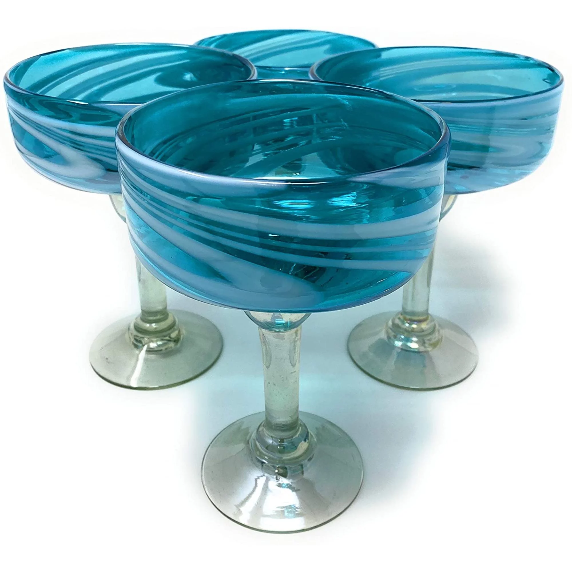 Dos Sueños Dos Suenos Mexican Hand Blown Glass - Set of 4 Hand Blown Margarita Glasses Aqua Swirl (16 oz)