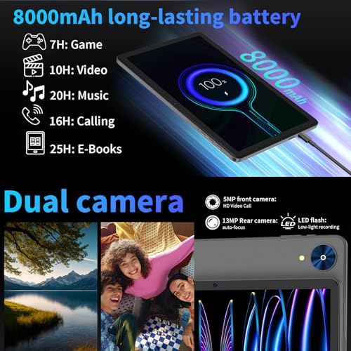 Android 15 Tablet with Keyboard, 26GB+256GB(2TB Expand), 10.1 Inch Tablet 8000 mAh Battery, BT 5.0, 5G WiFi, Widevine L1, Dual Camera, 2 in 1 Tab with Mouse, Case, Stylus(Black)