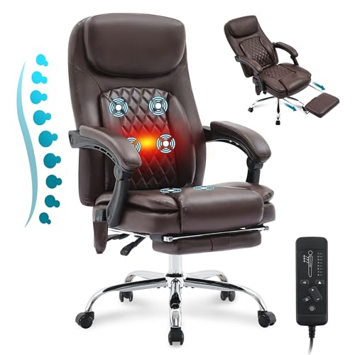 6-Point Massage Office Chair with Heated, Ergonomic Desk Chairs with Footrest & 135°Reclining High Back, Big and Tall Executive Offices Chair 500LBS, Thick Cushion Gaming Chair for Home Office, Black
