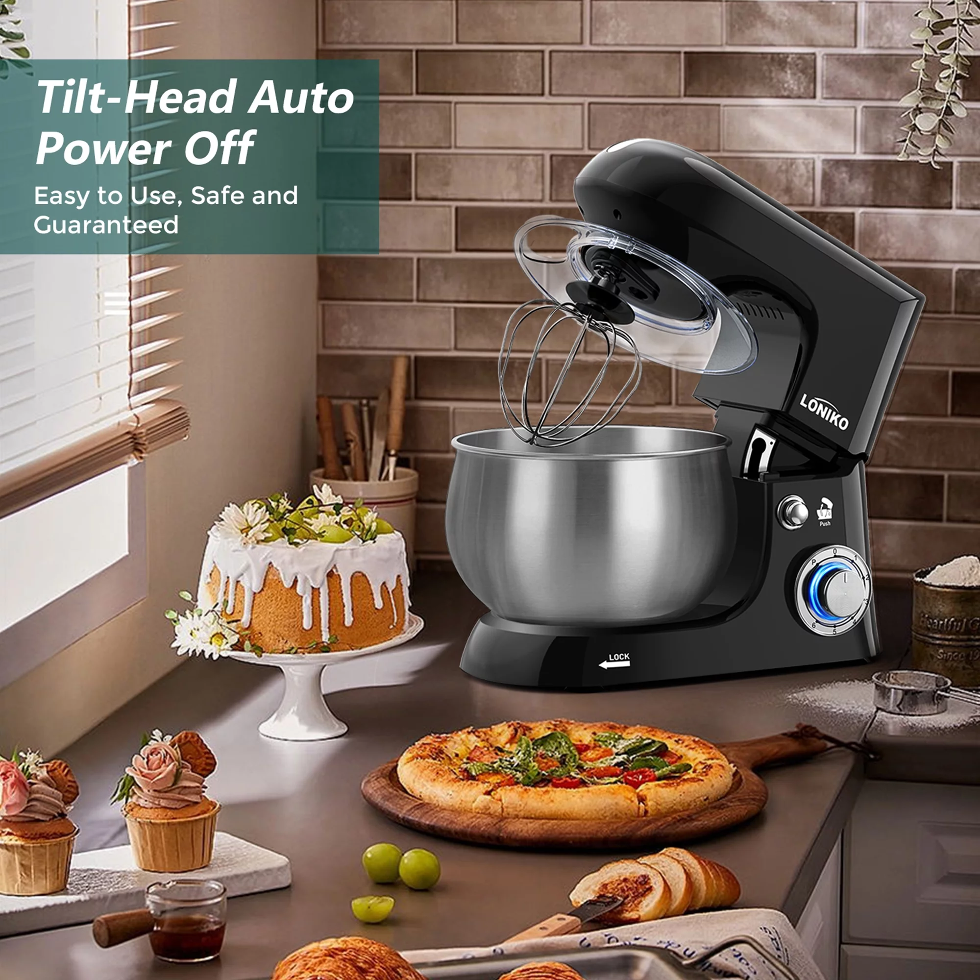 Loniko Electric Stand Mixer,400W High Power 6-Speed Food Mixer, Tilt-Head Kitchen Electric Dough Mixer with ,6.5QT Stainless Steel Bowl, Dough Hook, Wire Whip and Beater,Black