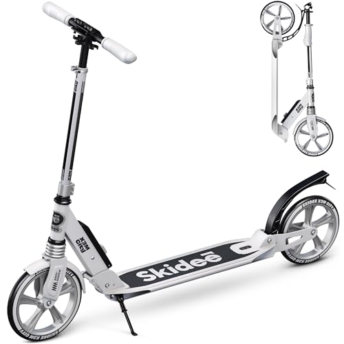 Skidee Adult & Teen Scooter Adjustable Height, Folding, Large Wheels, Lightweight, Durable, Anti-Shock Suspension, Up to 220 lbs
