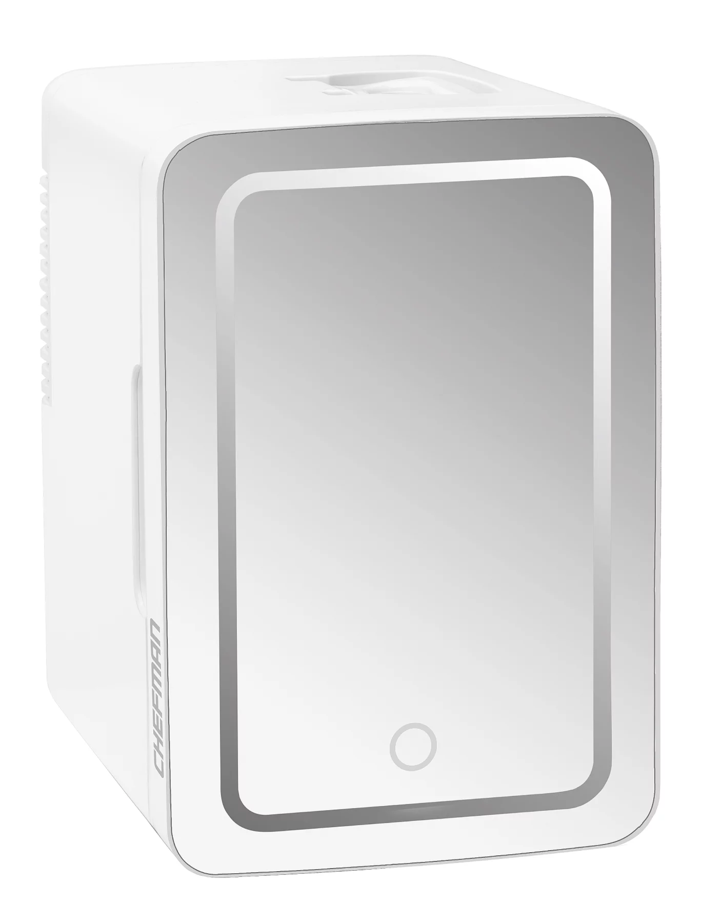 Chefman Portable Mirrored 6L Mini Fridge w/ LED Light, Heating and Cooling - White, New