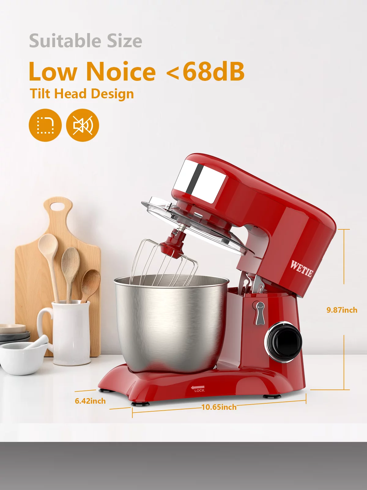 WETIE Stand Mixer with Bowl and Dough Hook, 4.8 Quarts , 10 Speed Kitchen Electric Mixer,Tile-Head,Red