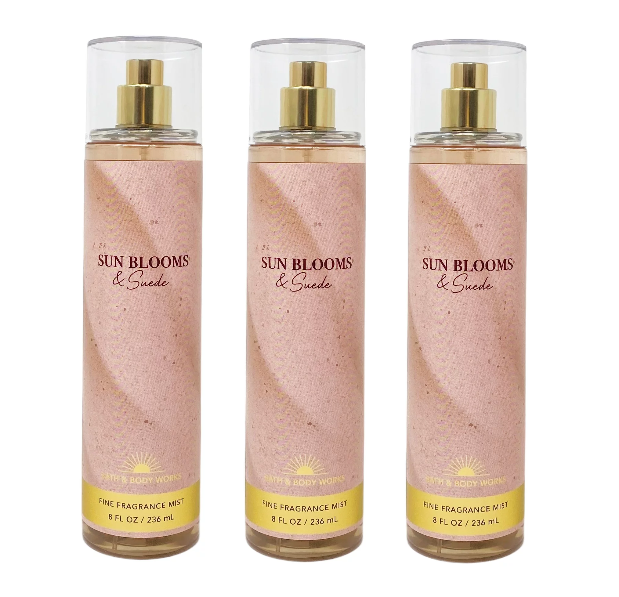 Bath and Body Works Sun Blooms & Suede 3 Pack Fine Fragrance Mist Bundle - 8 fl oz / 236 mL each