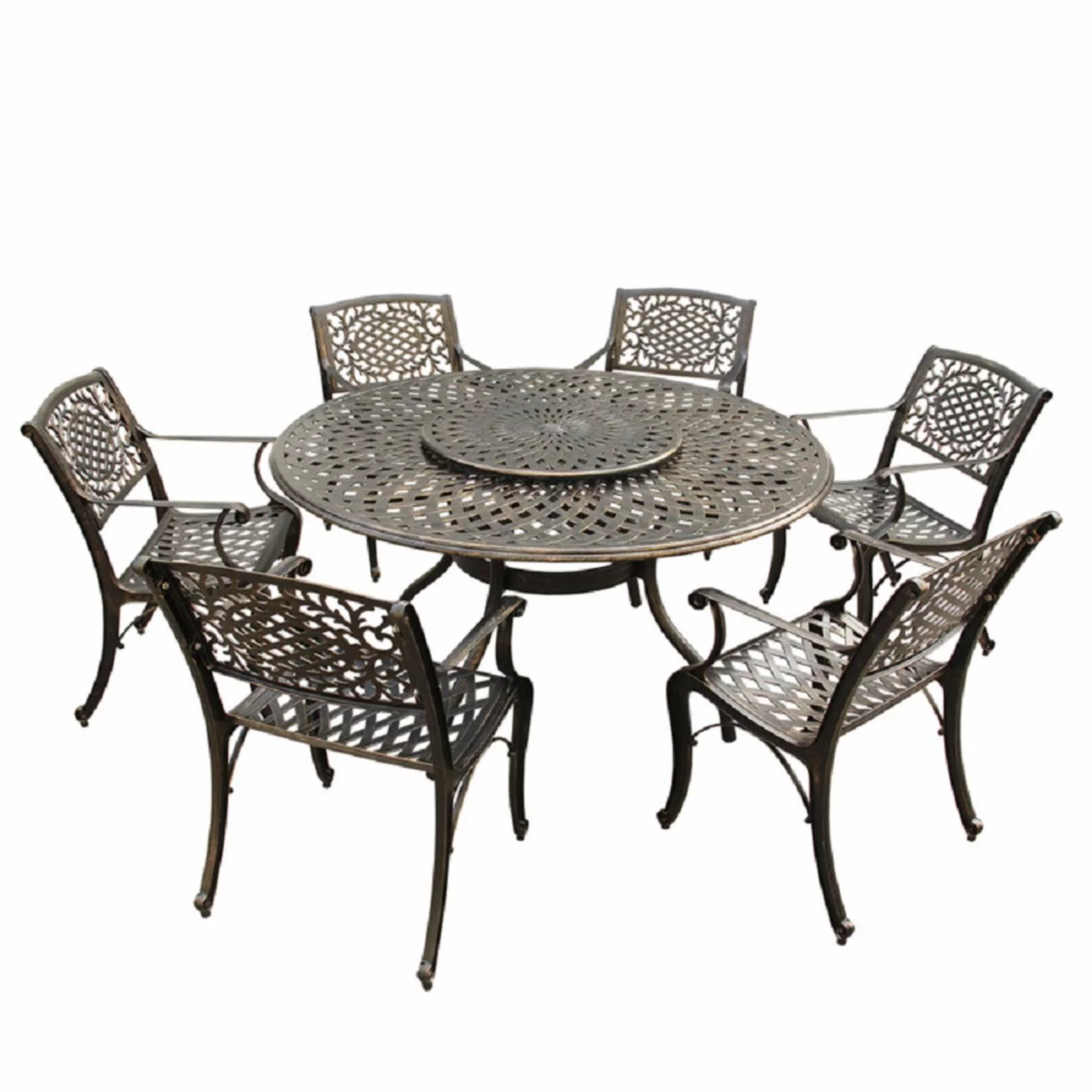 Oakland Living Ornate Mesh Lattice Aluminum 7 Piece Dining Set with Modern Mesh Lazy Susan