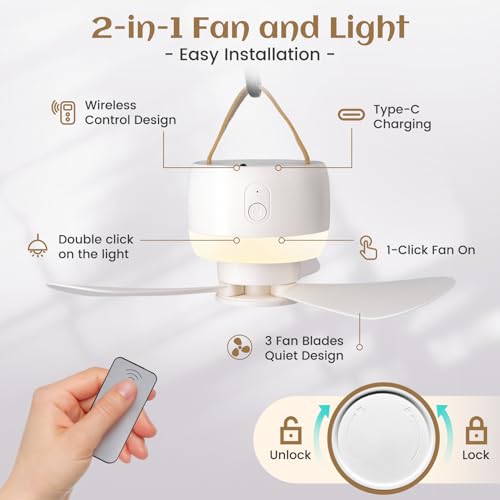 Tent Ceiling Fans for Camping, Portable Camping Fan with LED Lantern, Battery Operated Ceiling Fan, Tent Rechargeable Fan with Remote Control, Detachable Fan Blades (3600)