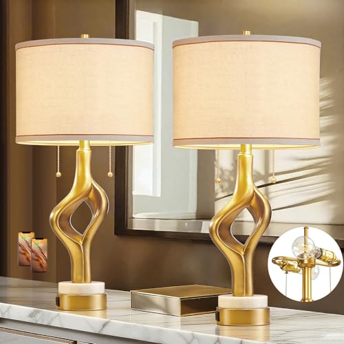 26” Modern Table Lamp Set of 2 for Living Room Bedroom, Gold Sculptural Table Lamp with 2 USB Ports, Resin Desk Lamps Marble Base with Double Pull Chains for Bedside End Tables, Bulb Included