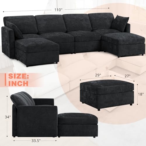 84 Inches Chenille 3-Seater Sofa W/Movable Ottoman, Upholstered Sectional Sofa w/Soft Backrest, Modern Fabric L Shaped Couch w/Armrest Pillows for Living Room, Office, Blue