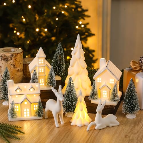 12 Pcs Ceramic Christmas Village Set, 3 White Village Houses with Lights 2 LED Ceramic Christmas Tree 2 Porcelain Reindeer Figurines 5 Sisal Tree for Xmas Winter Holiday Fireplace Tabletop Decor